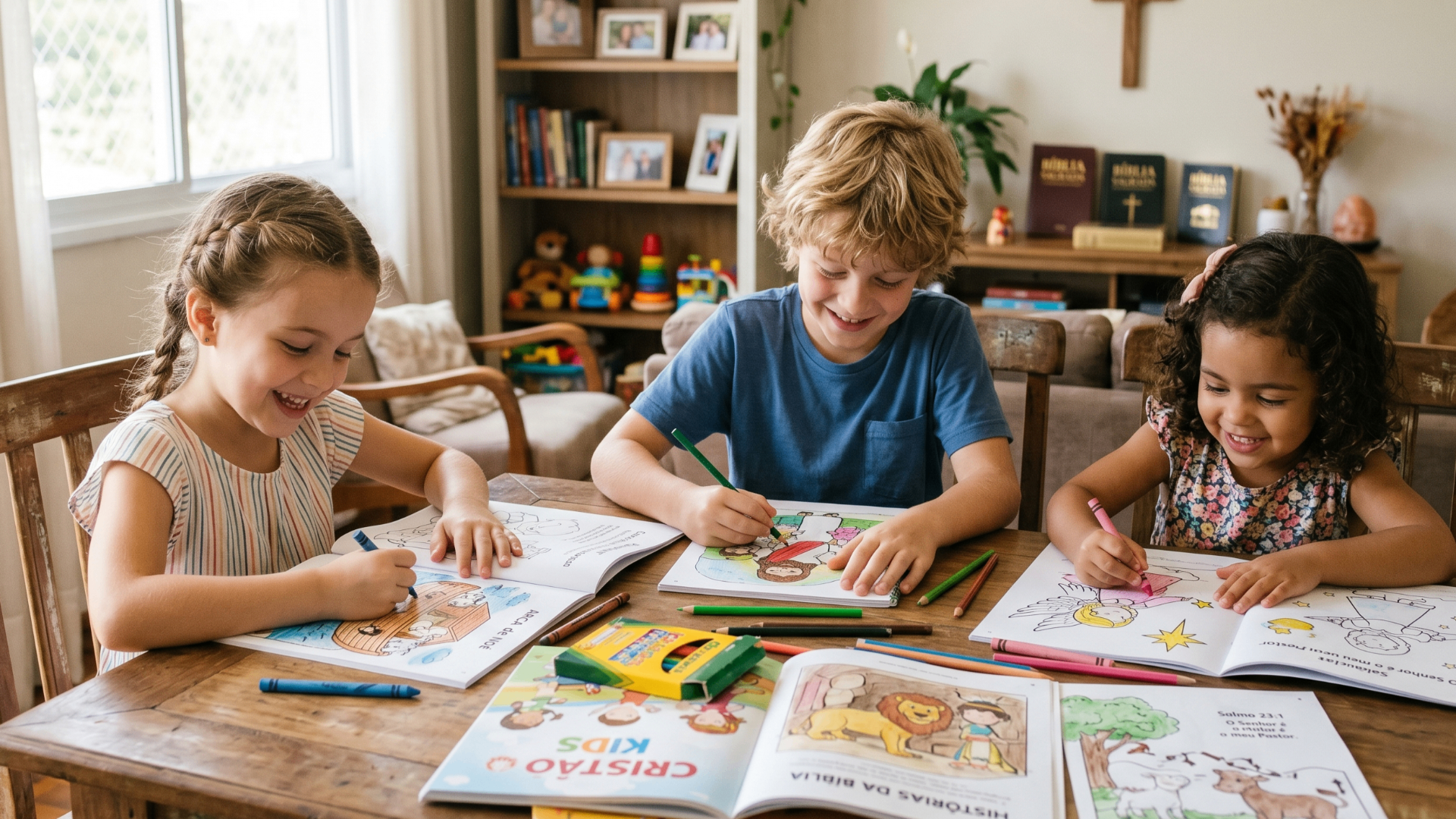 Crianças felizes colorindo livros cristãos
